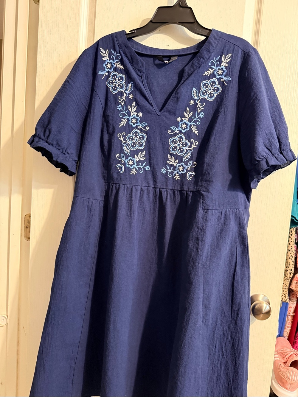 BloomChic Embroidered Navy V-Neck Women's Dress